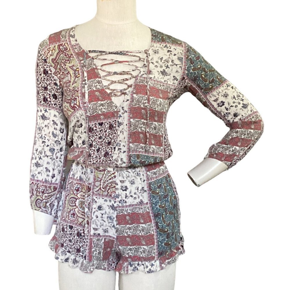 American Eagle Outfitters Lace-Up V-Neck Romper XS‎ BOHO Cottagecore Hippie 149B